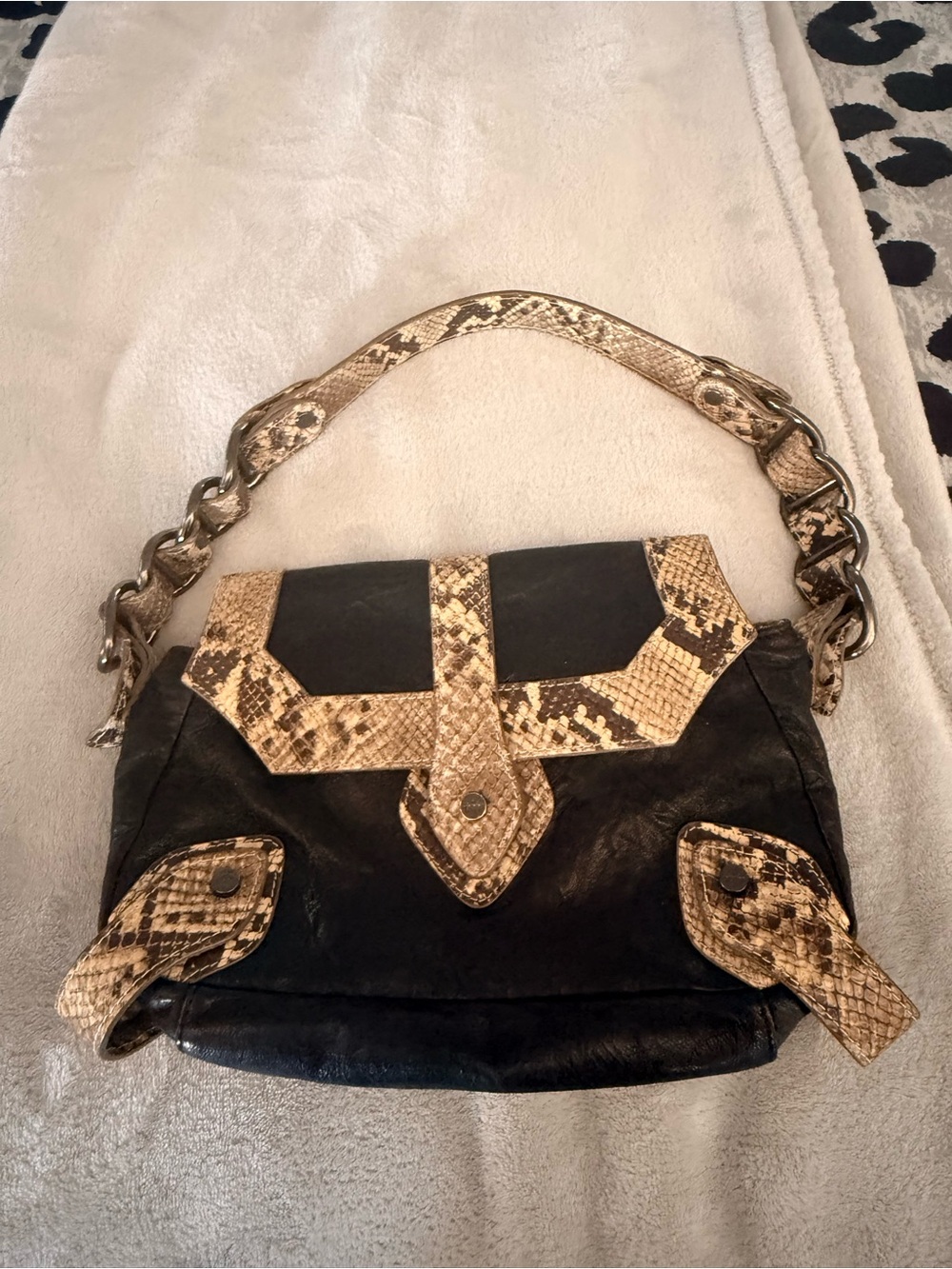 Elaine Turner Black Shoulder Bag with Snakeskin-Trim Accents